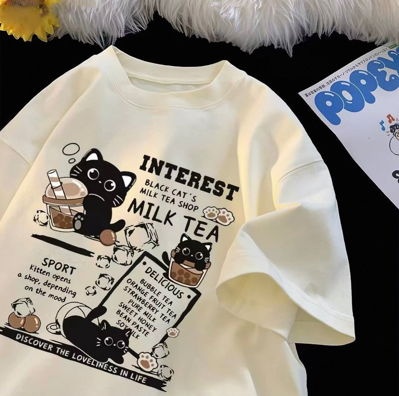 Women's Milk Tea Graphic Tee with Cute Black Cats | Canada