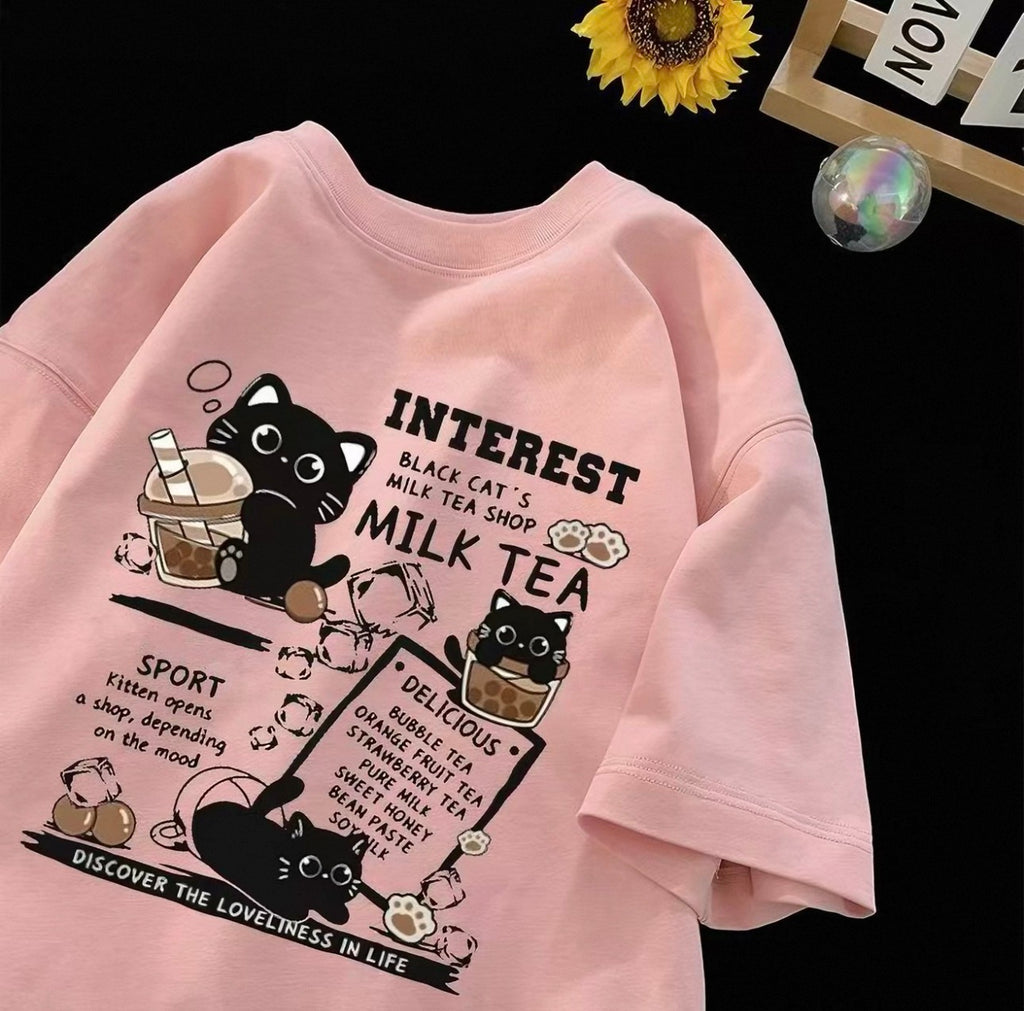 Women's Milk Tea Graphic Tee with Cute Black Cats | Canada