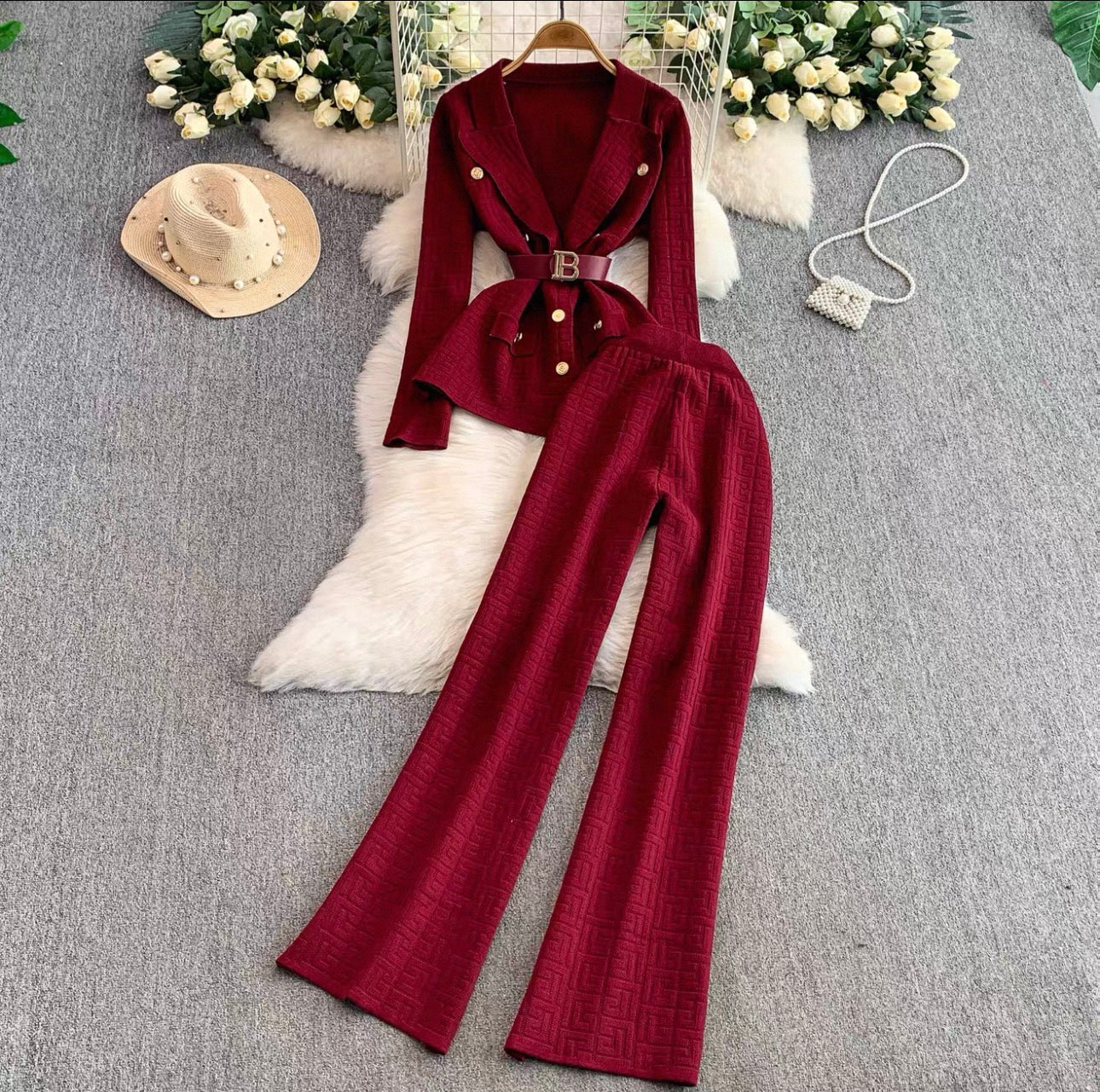 Women's Belted Knit Jacket Wide-Leg Pants Set Canada | Parcel Theory