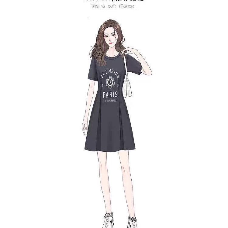 Illustration of a woman wearing a dark gray dress with text on a white background