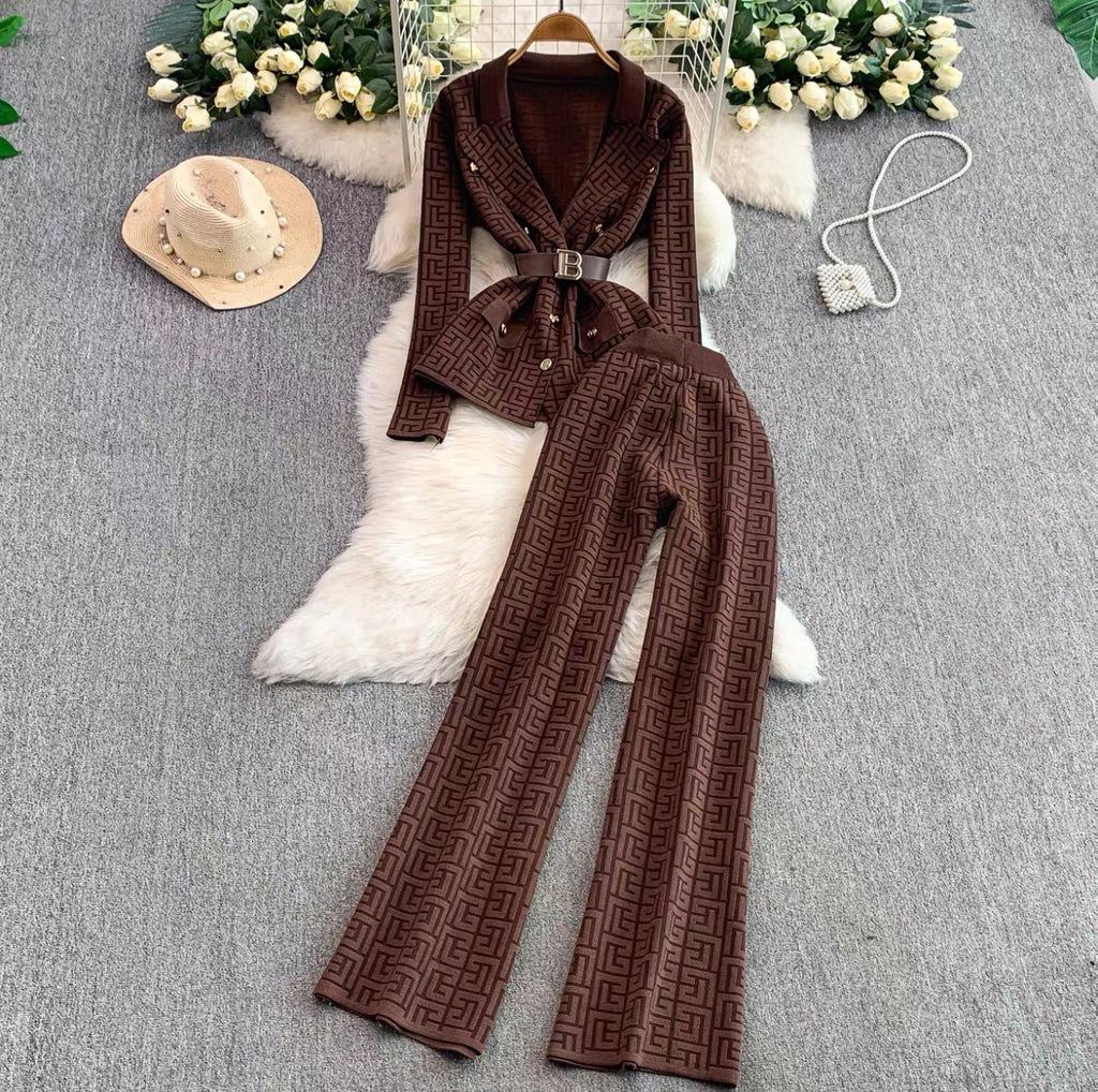 Women's Belted Knit Jacket Wide-Leg Pants Set Canada | Parcel Theory