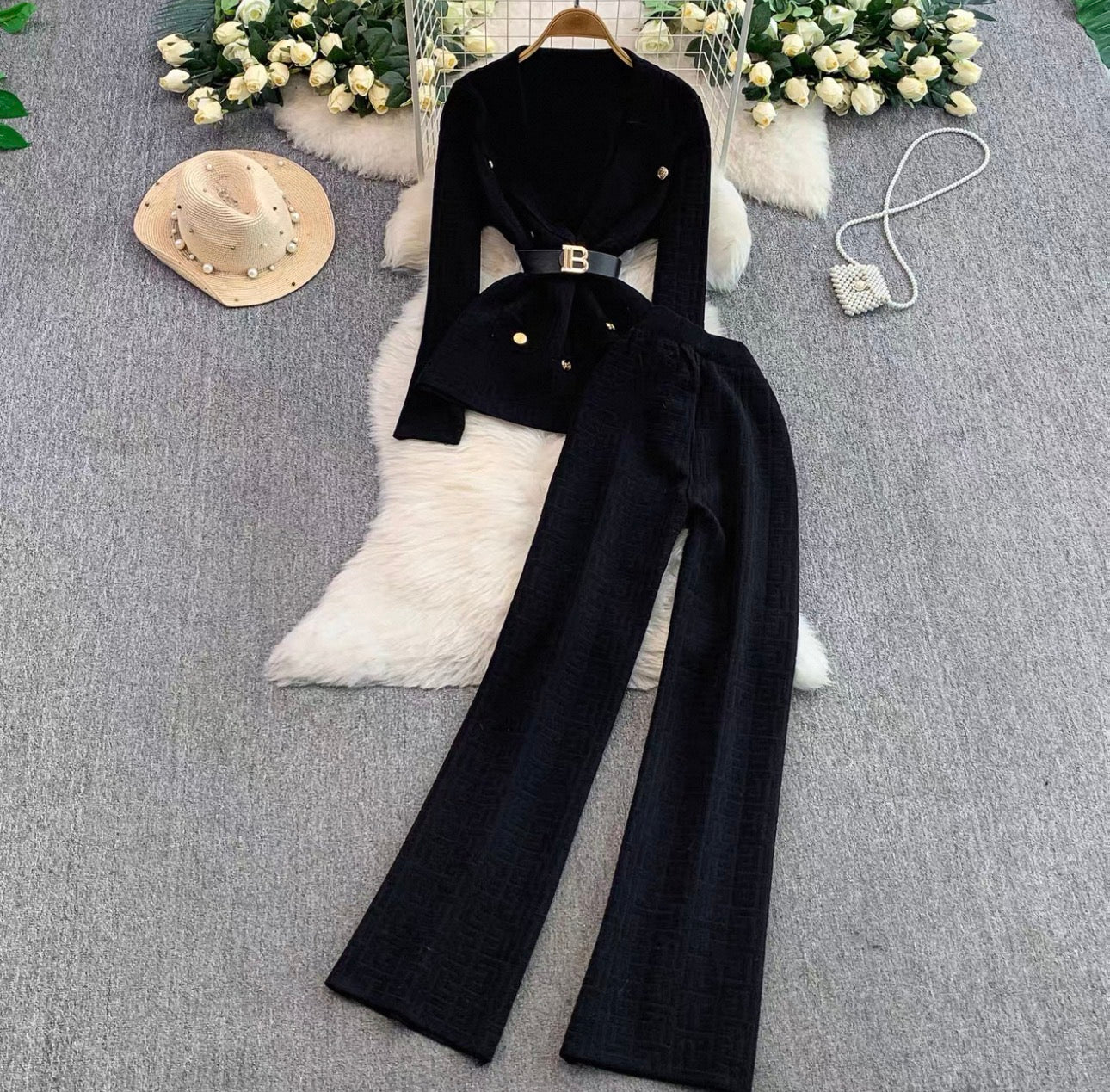 Women's Belted Knit Jacket Wide-Leg Pants Set Canada | Parcel Theory