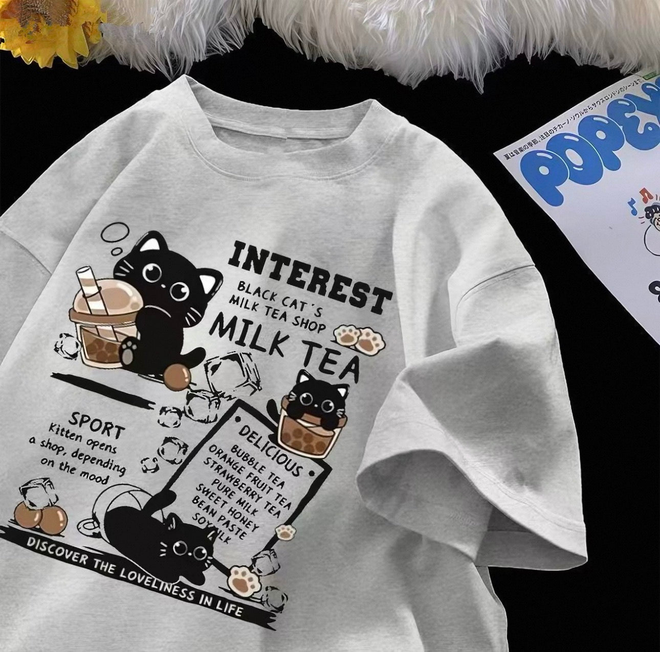 Women's Milk Tea Graphic Tee with Cute Black Cats | Canada