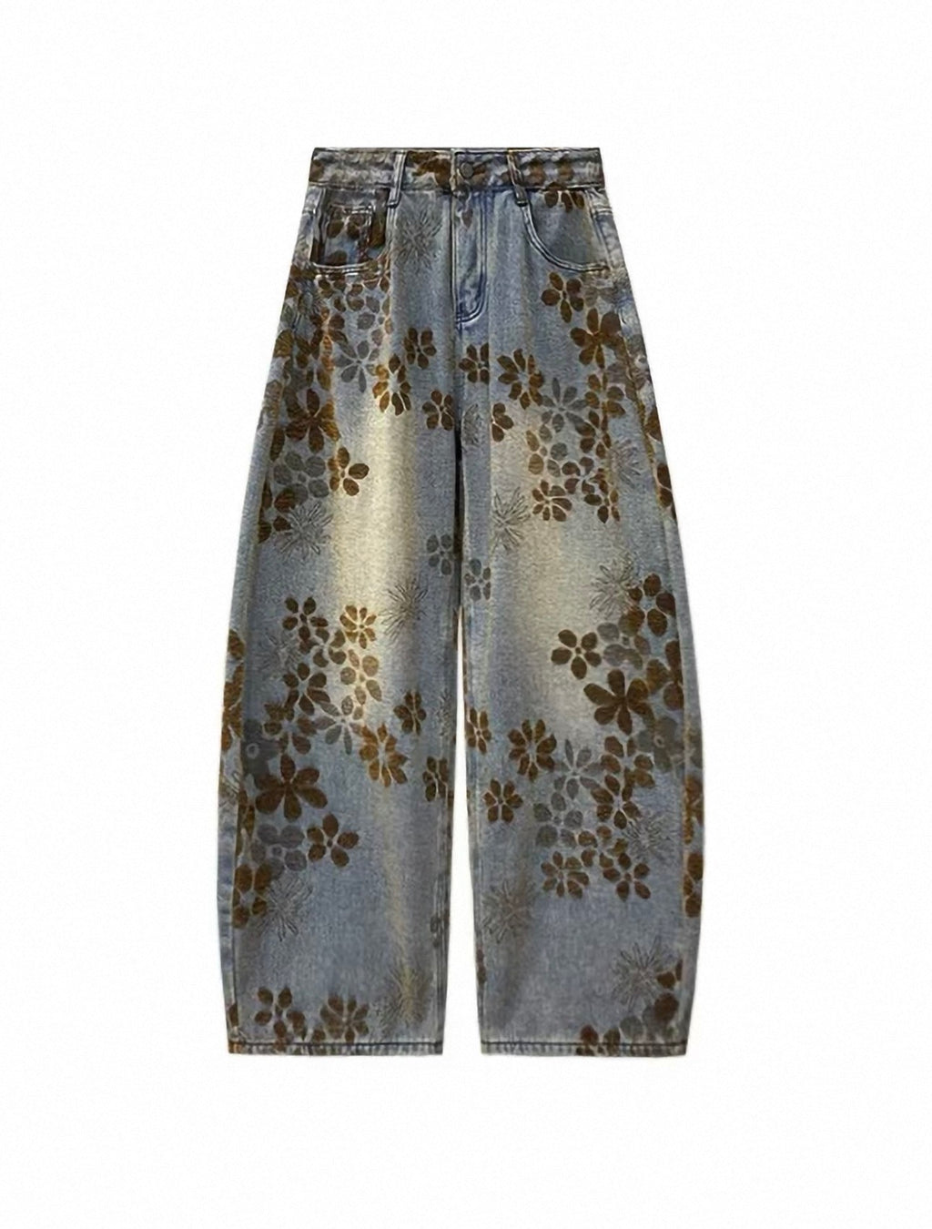 Floral-patterned jeans on a white background