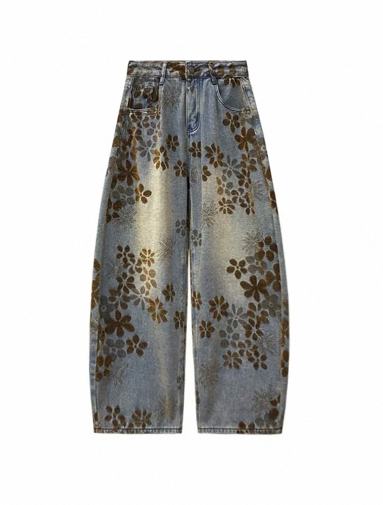 Floral-patterned jeans on a white background
