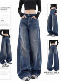 Wide-leg jeans being worn with a black top on a white background