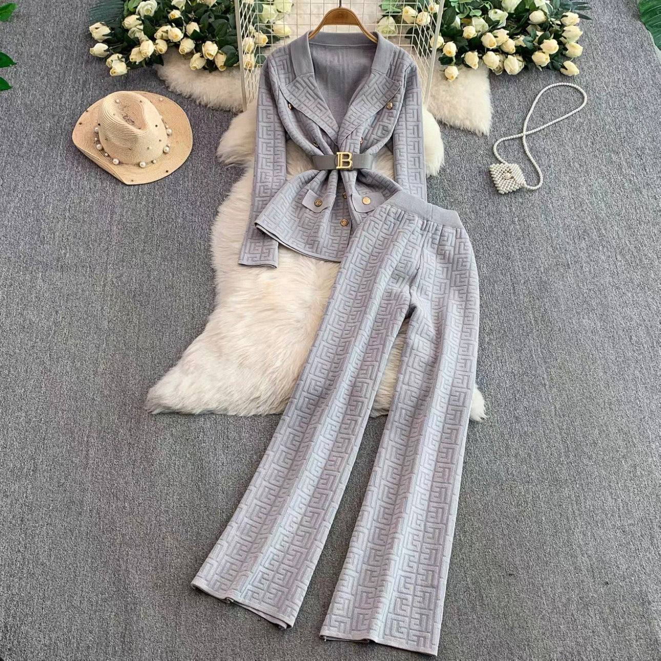 Women's Belted Knit Jacket Wide-Leg Pants Set Canada | Parcel Theory