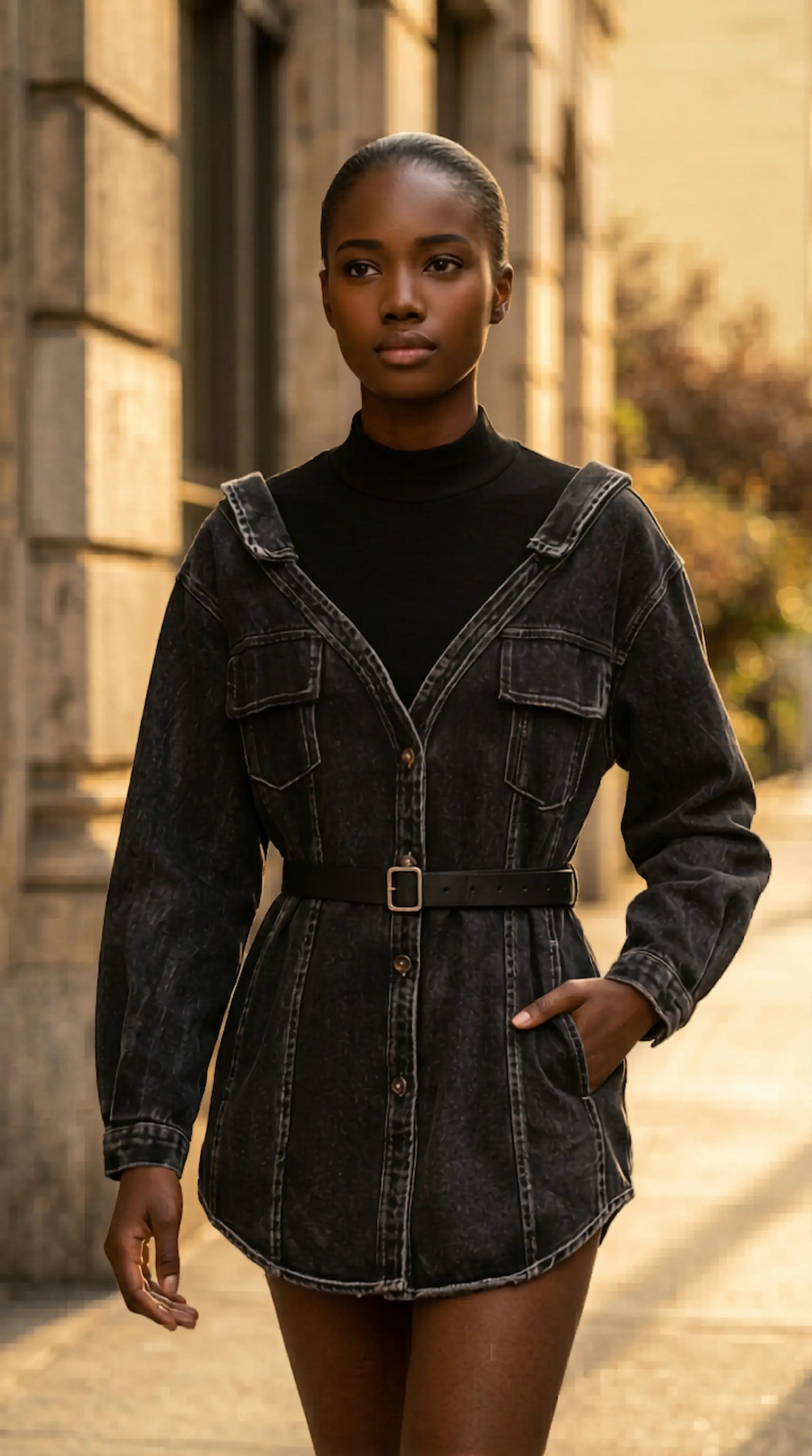 Woman wearing a black denim dress with a belt in an urban setting