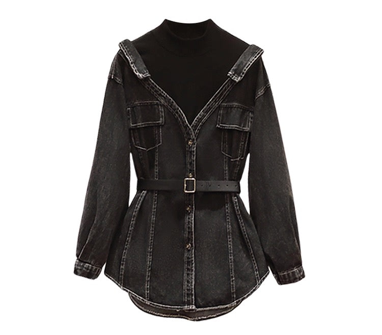 Black denim shirt dress with a belt on a white background