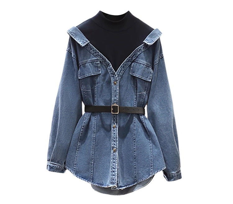 Blue denim jacket with a belt on a white background