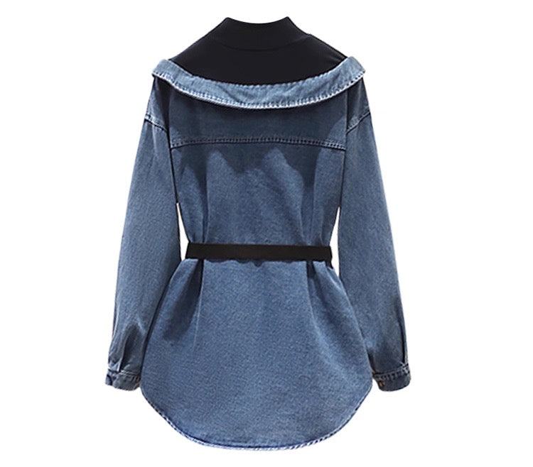 Blue denim jacket with black collar on a white background