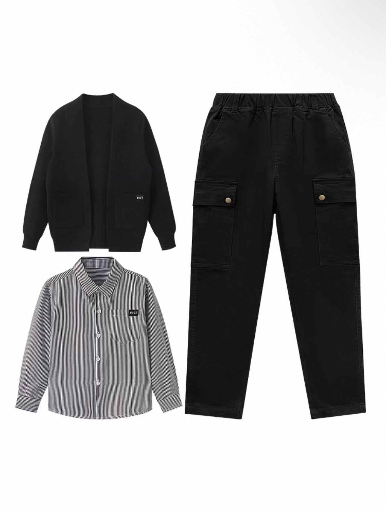 Black cardigan, gray striped shirt, and black cargo pants on a white background