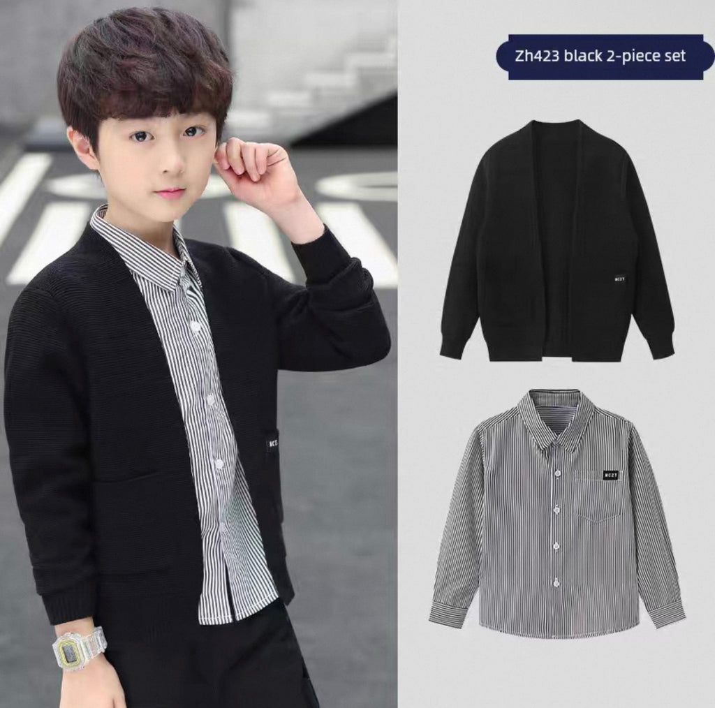 Child wearing a black sweater over a striped shirt with product images on the right.