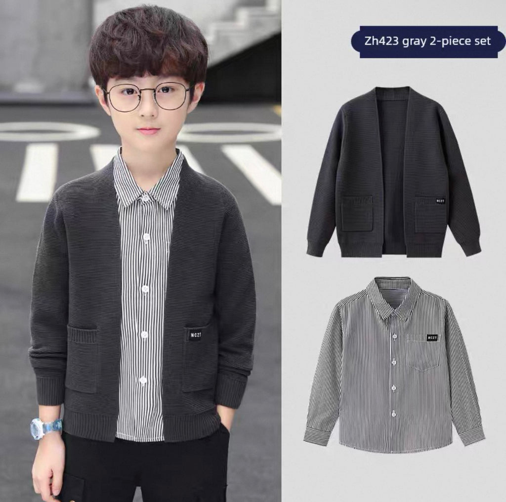 Child wearing a gray two-piece set with jacket and shirt, with product images on the right.
