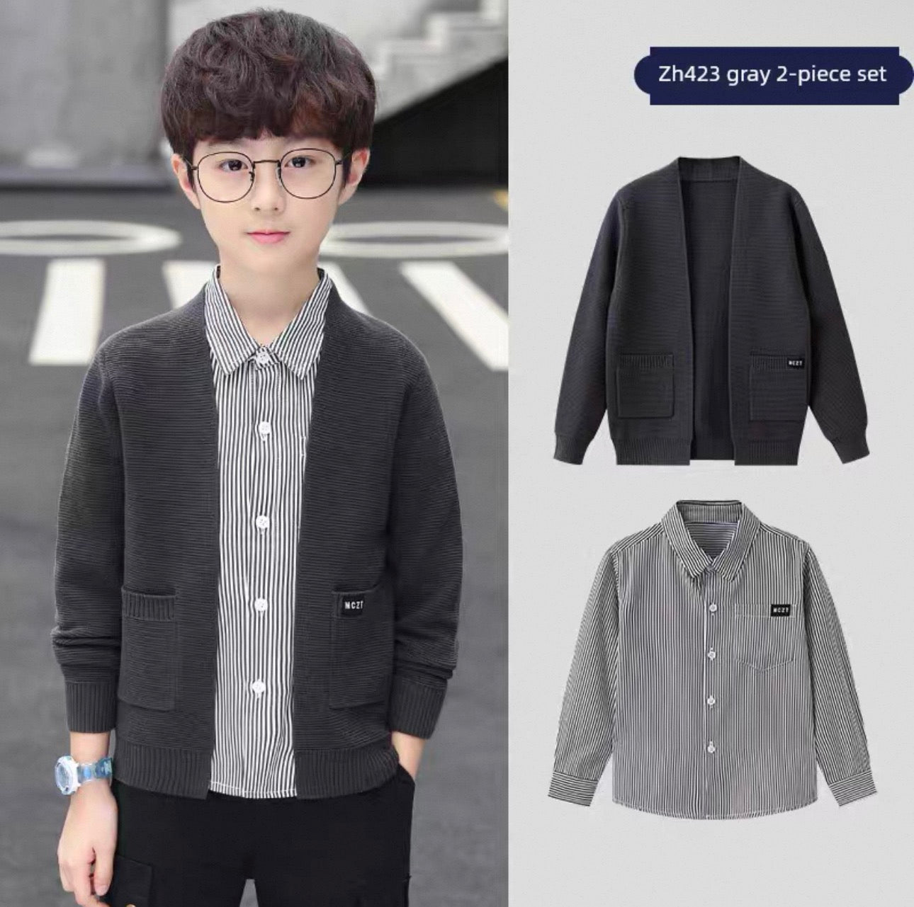 Child wearing a gray two-piece set with jacket and shirt, with product images on the right.