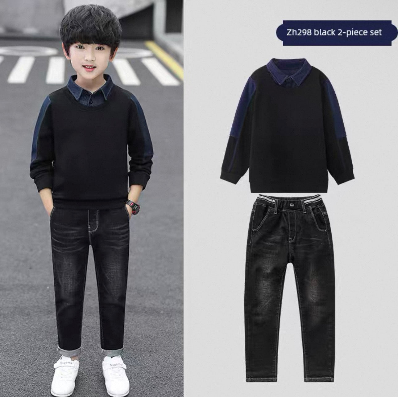 Child wearing a black two-piece set with a matching shirt and pants, standing on a road.