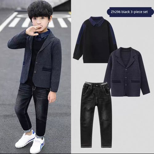 Child wearing a black three-piece set with jacket, shirt, and pants, and a close-up of the clothing set on a gray background.