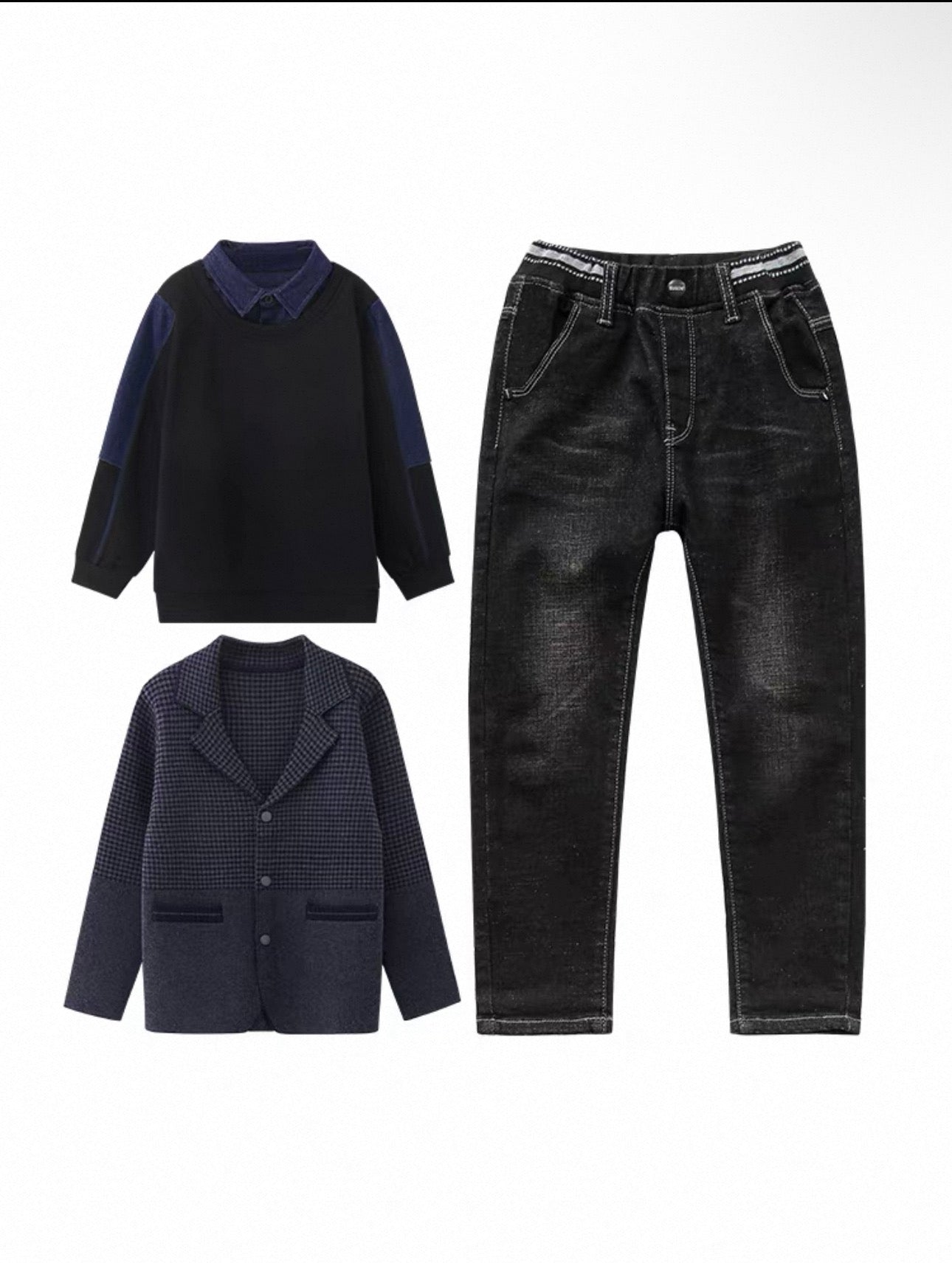 Navy sweater, blazer, and black jeans on a white background