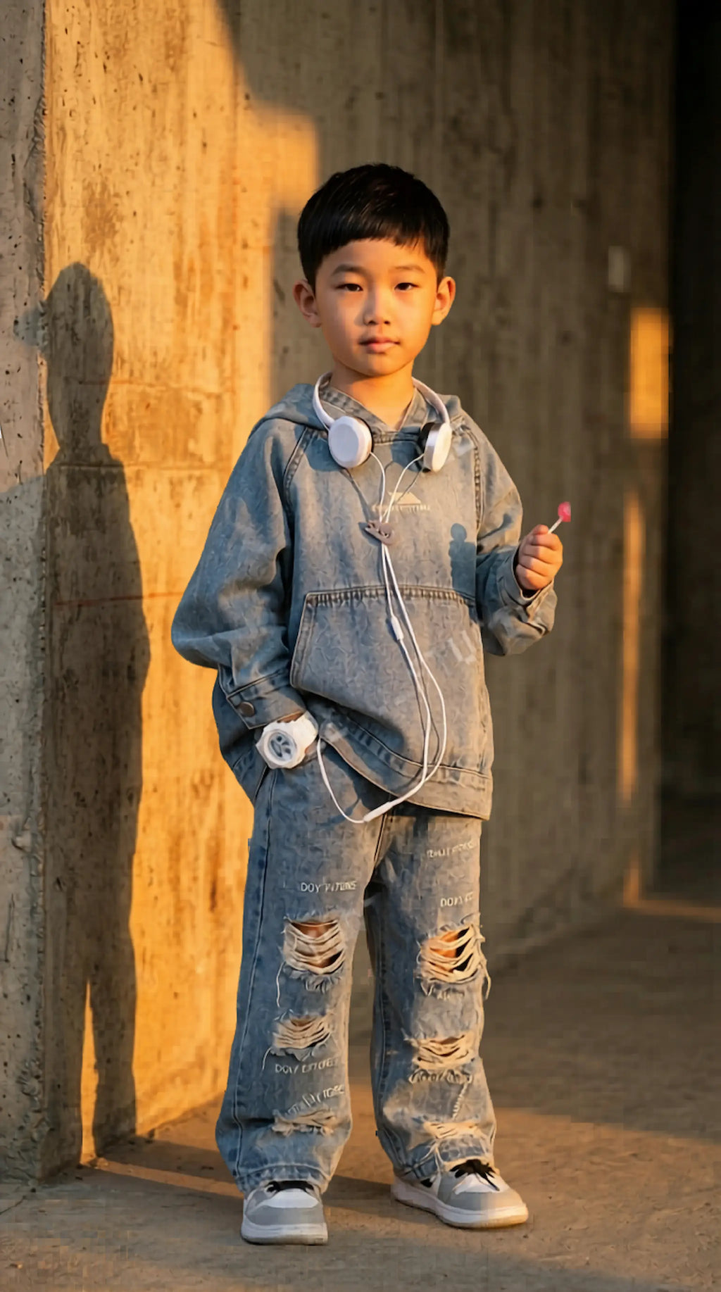 Boy in light blue denim top and distressed denim jeans standing against a warm-toned wall.