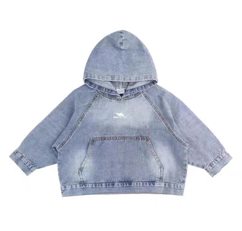 Blue denim hoodie on a white background
