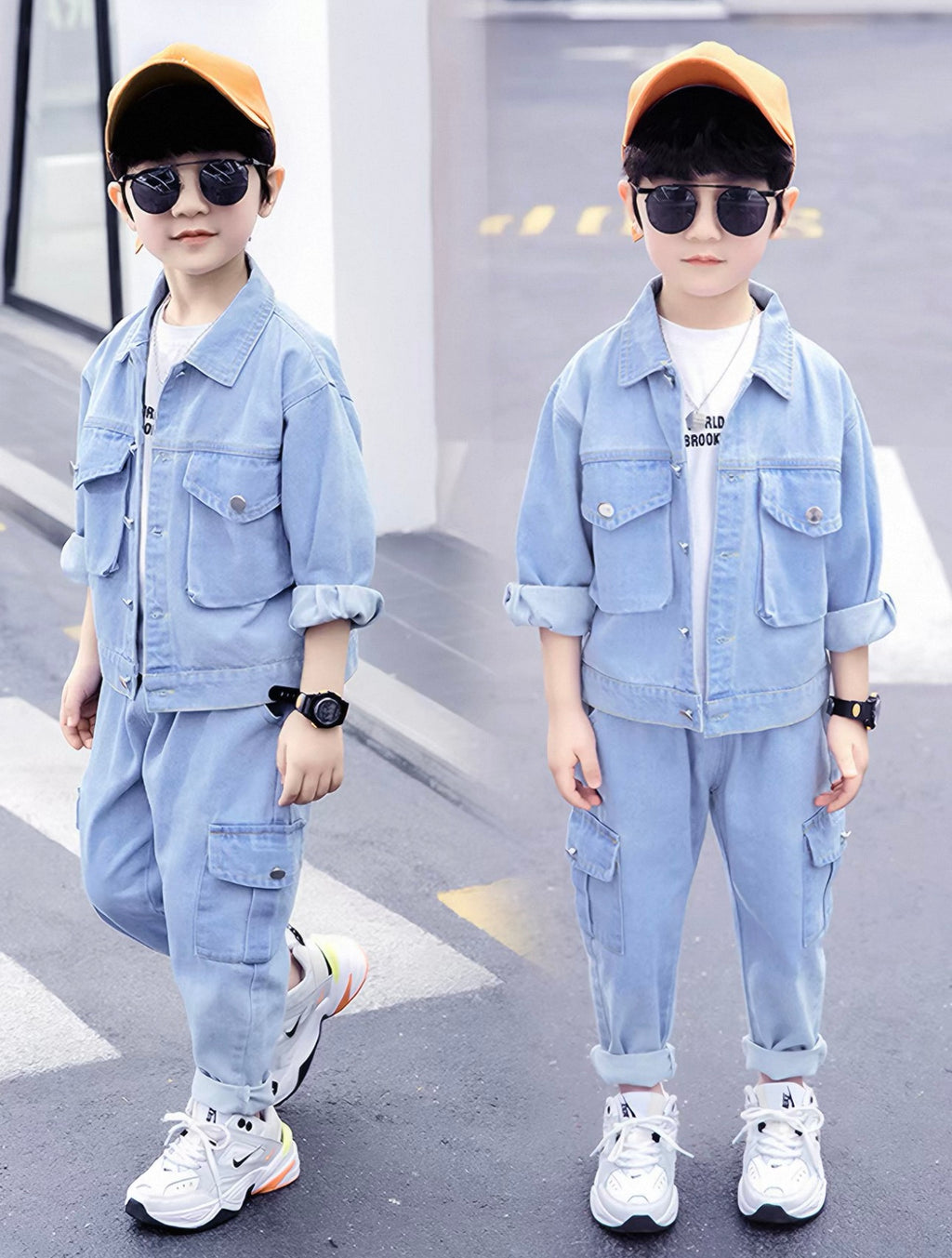 Two identical images of a child wearing a light blue denim outfit with sunglasses and a cap.