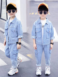 Two identical images of a child wearing a light blue denim outfit with sunglasses and a cap.