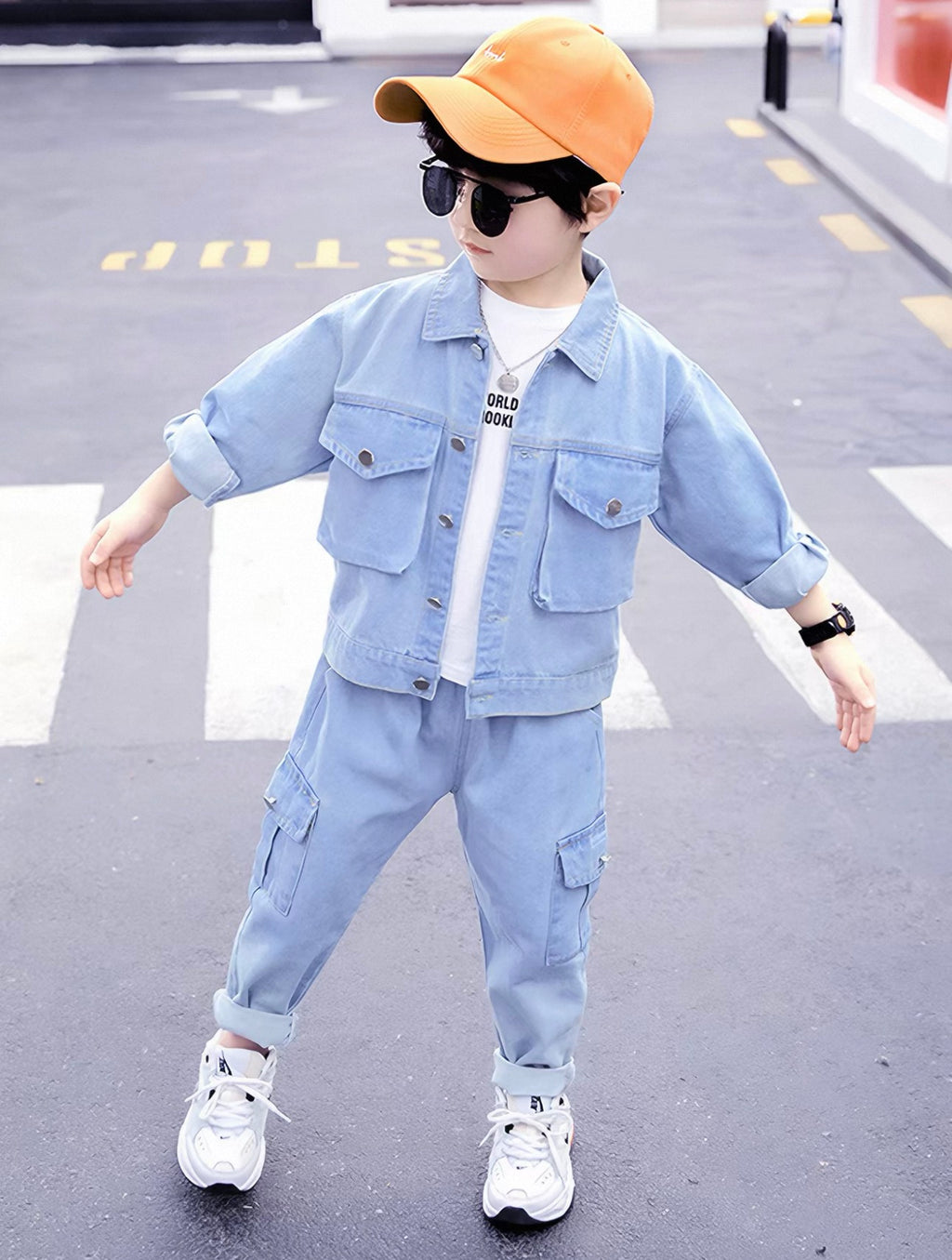 Child wearing a light blue denim outfit with a yellow cap and sunglasses on a street.