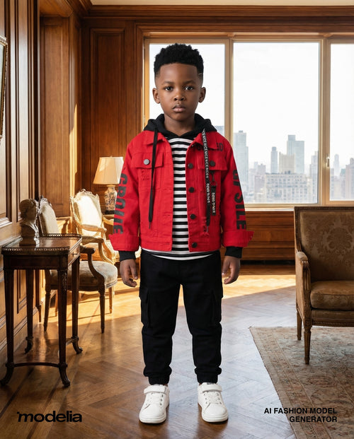 Child wearing a red jacket in a room with large windows and cityscape view