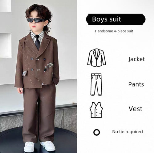 Young boy wearing a brown boys' suit with a jacket, pants, and vest, no tie required.