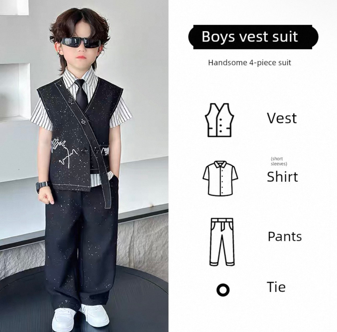 Young boy wearing a boys' vest suit with a modern interior background