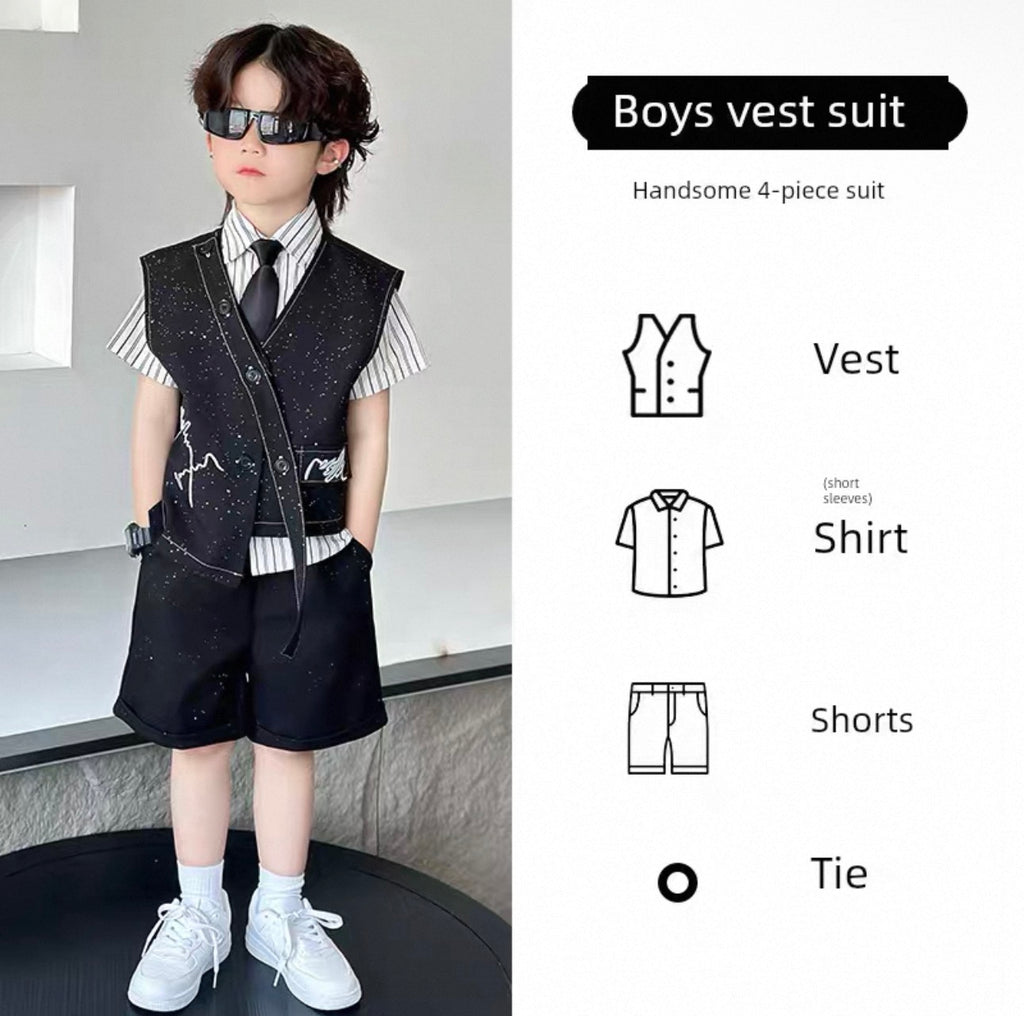 Child wearing a boys' vest suit with a modern interior background