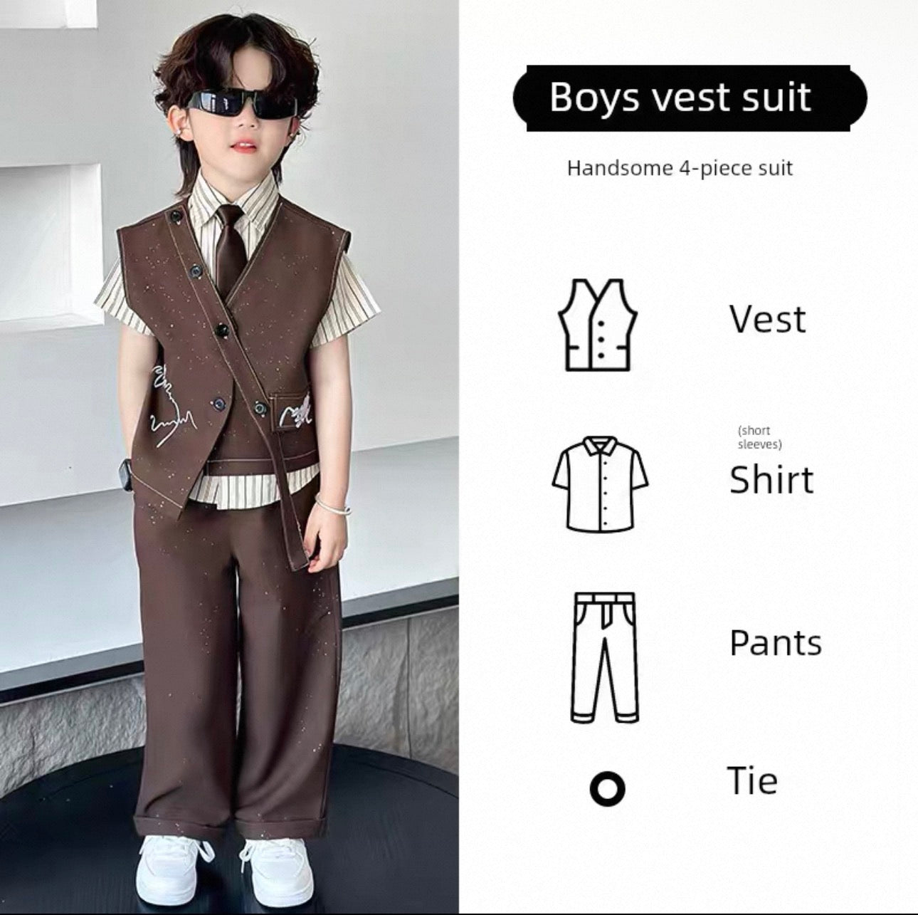 Child wearing a brown vest suit with sunglasses, standing against a modern interior background.
