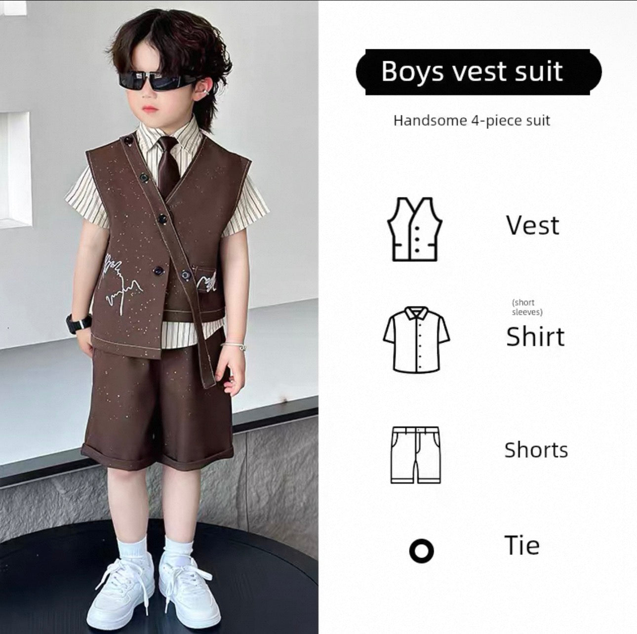 Child wearing a boys vest suit with a white background and product details on the side.
