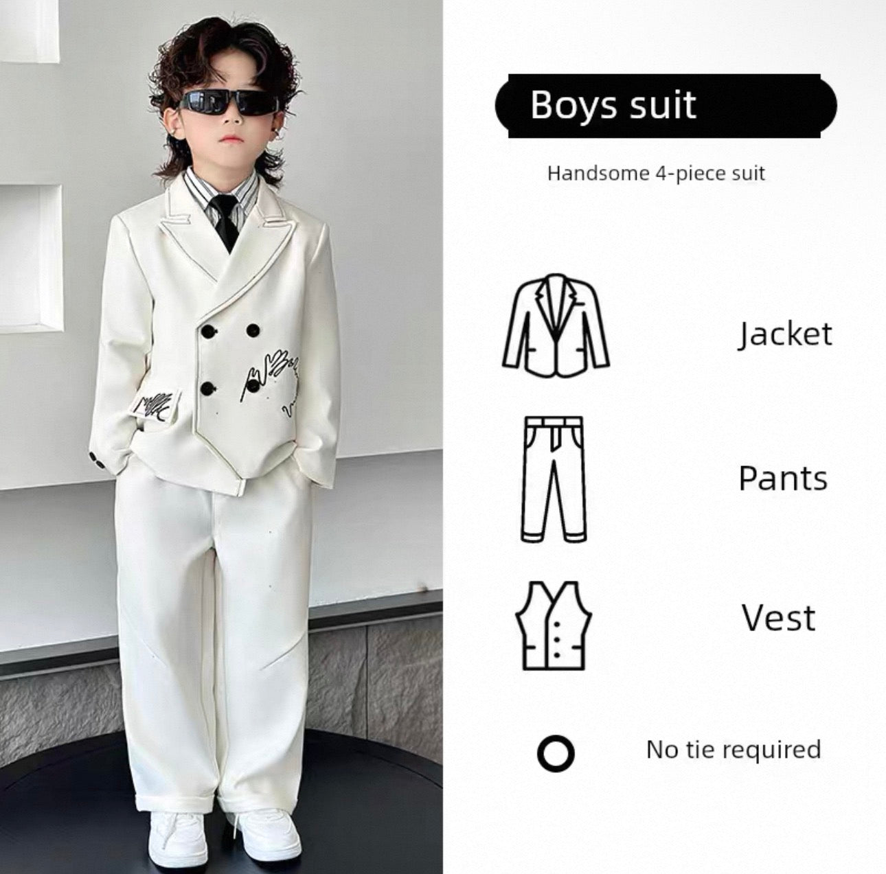 Young boy wearing a white suit with text and icons indicating the suit's components.