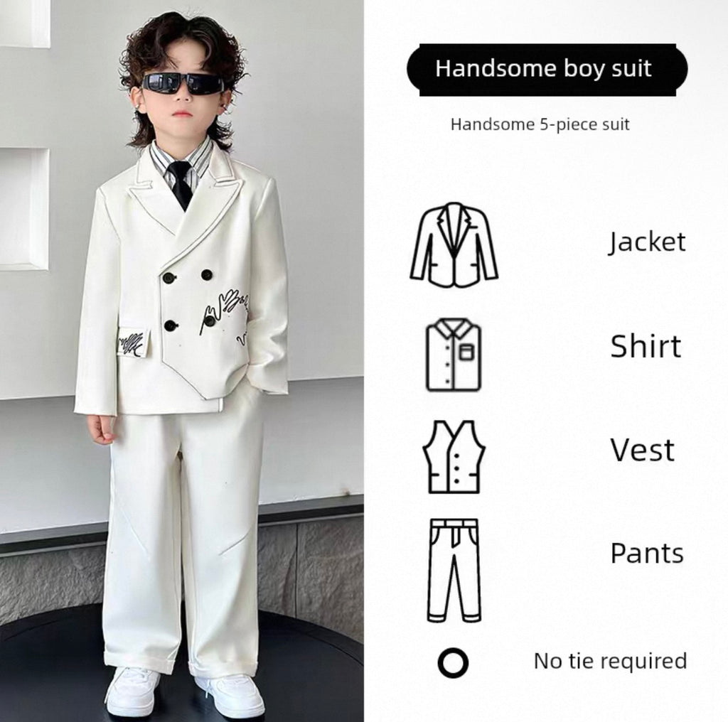 Child wearing a white suit with sunglasses, labeled 'Handsome boy suit' on a gray background.