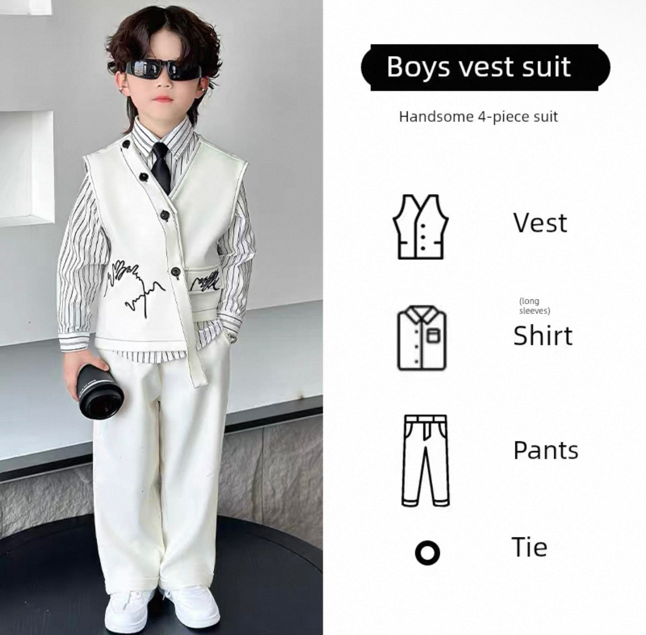 Child wearing a boys vest suit with labeled components on a white background