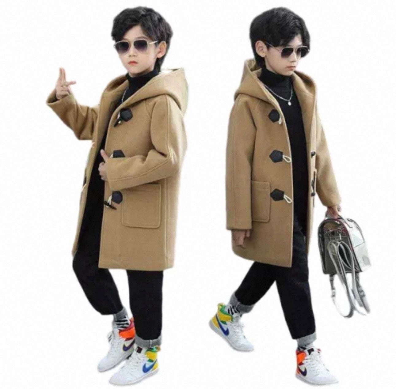 Two images of a child wearing a beige coat with black buttons on a white background.