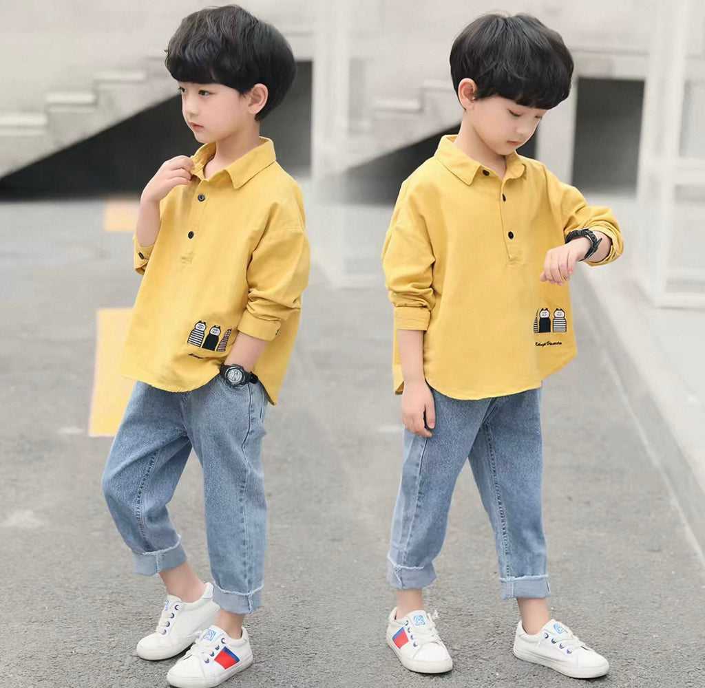 Two images of a child wearing a yellow shirt and blue jeans on a gray pavement.