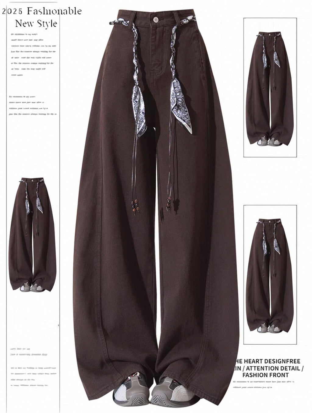 Brown wide-leg pants with decorative elements on a white background