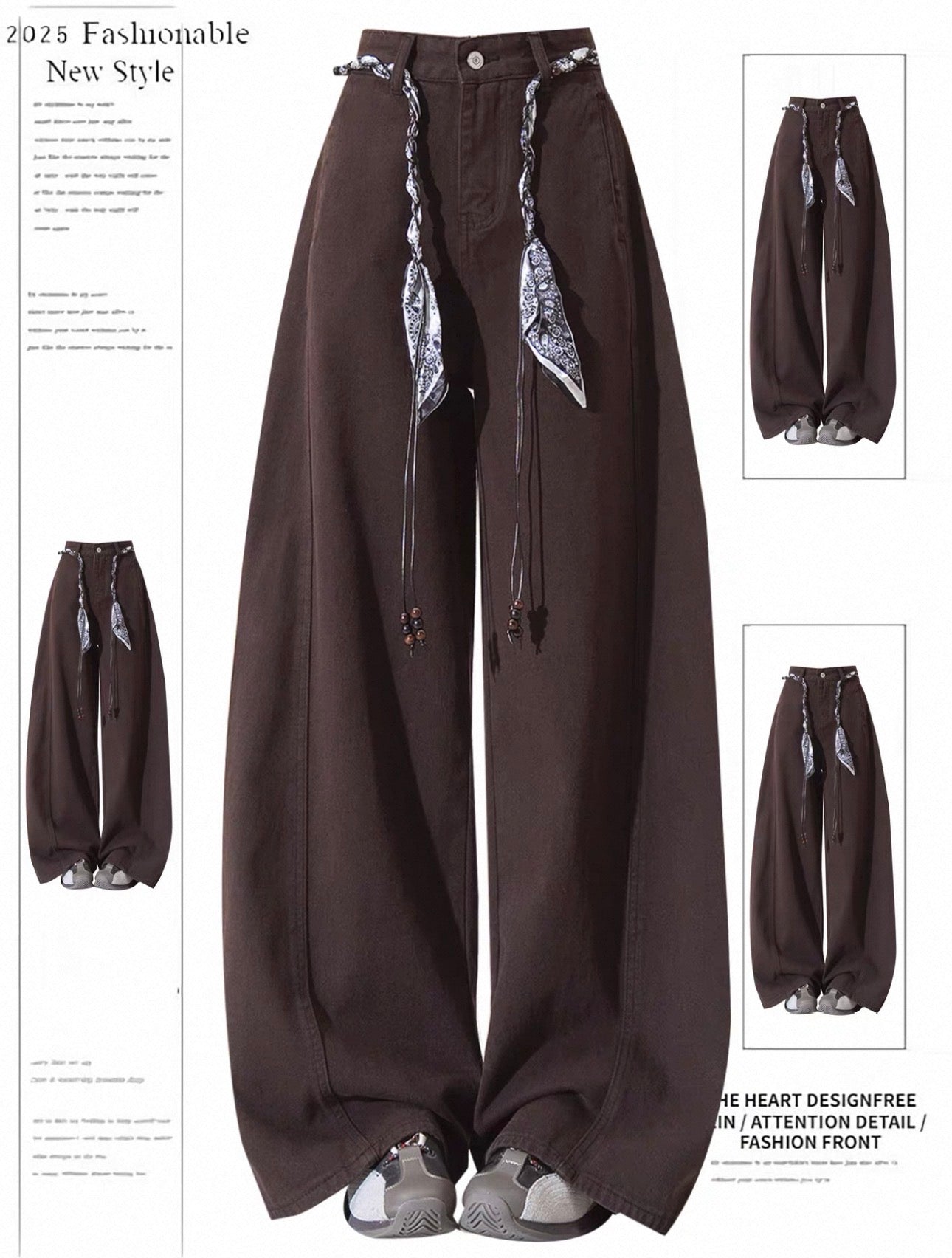 Brown wide-leg pants with decorative elements on a white background