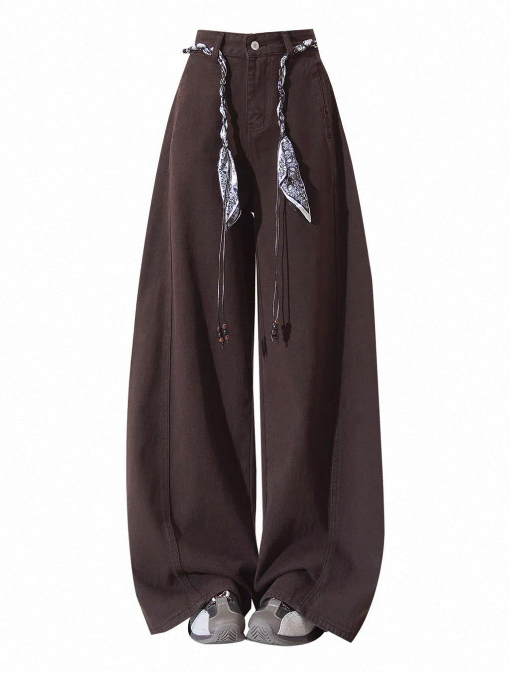 Brown wide-leg pants with decorative elements on a white background
