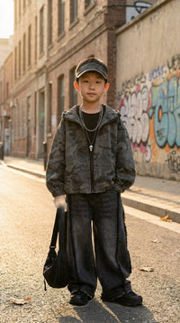 Child standing on a street with graffiti in the background