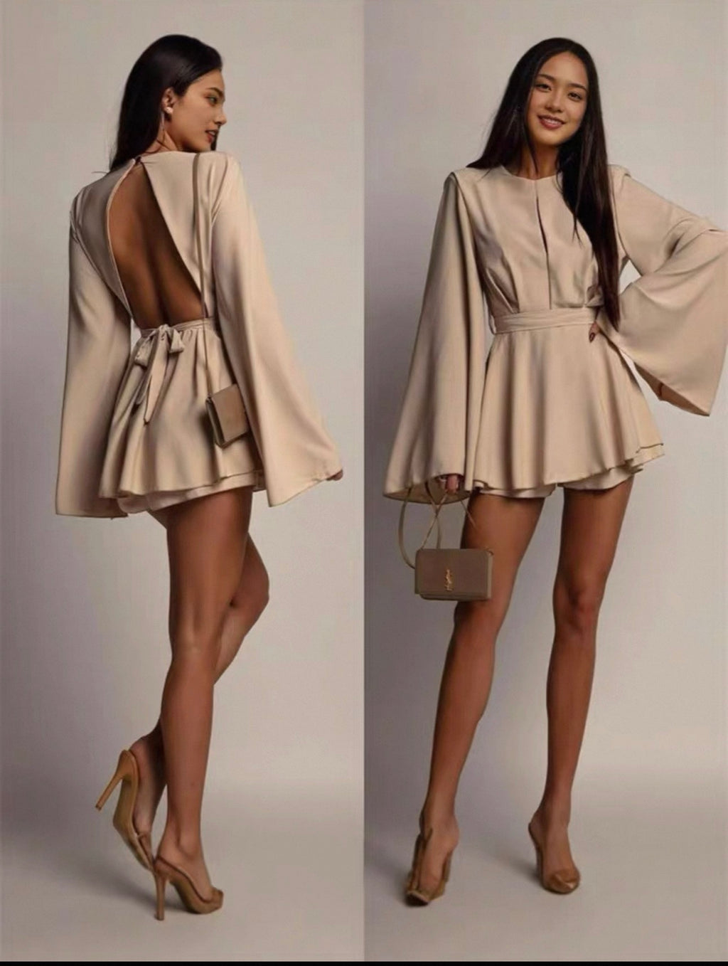 Woman wearing a beige dress with bell sleeves against a plain background