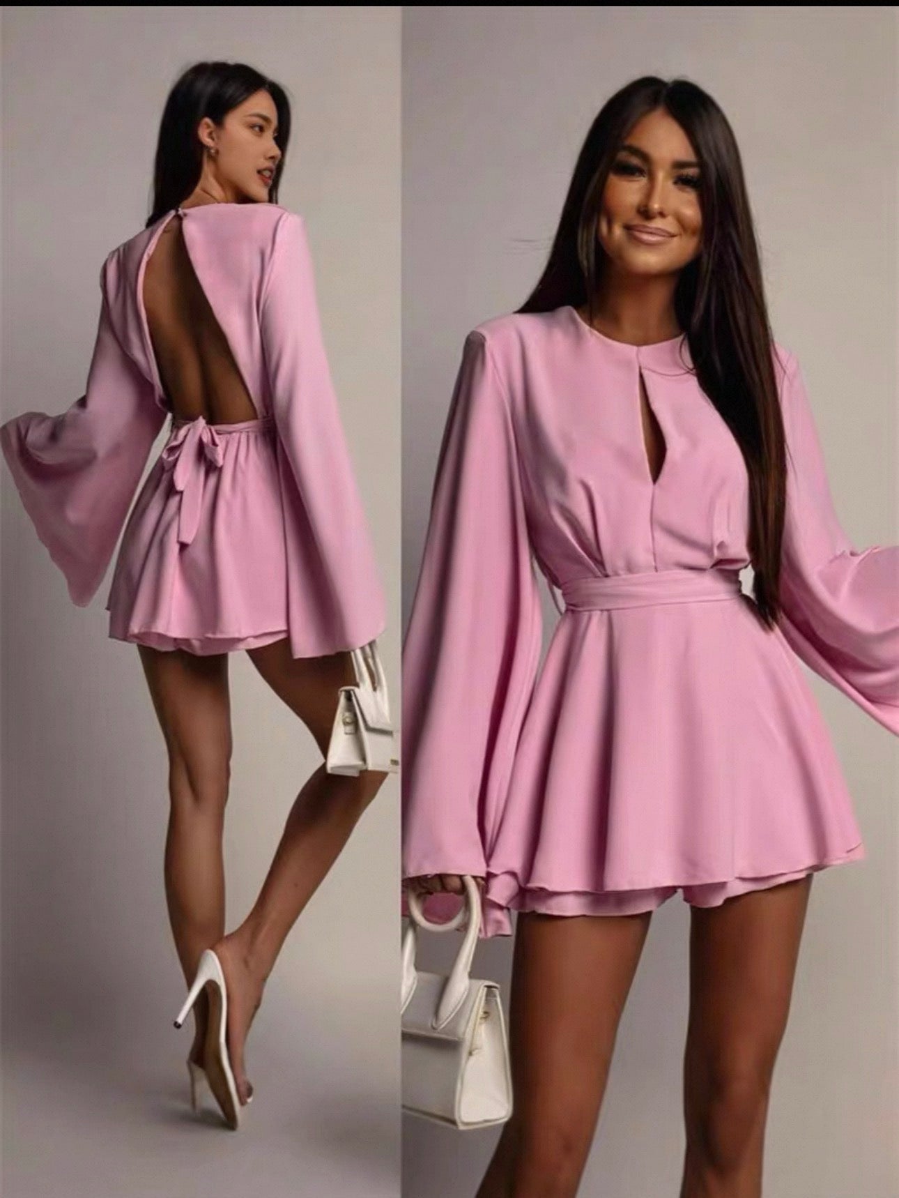 Pink dress with long sleeves and cut-out design worn by a model on a plain background