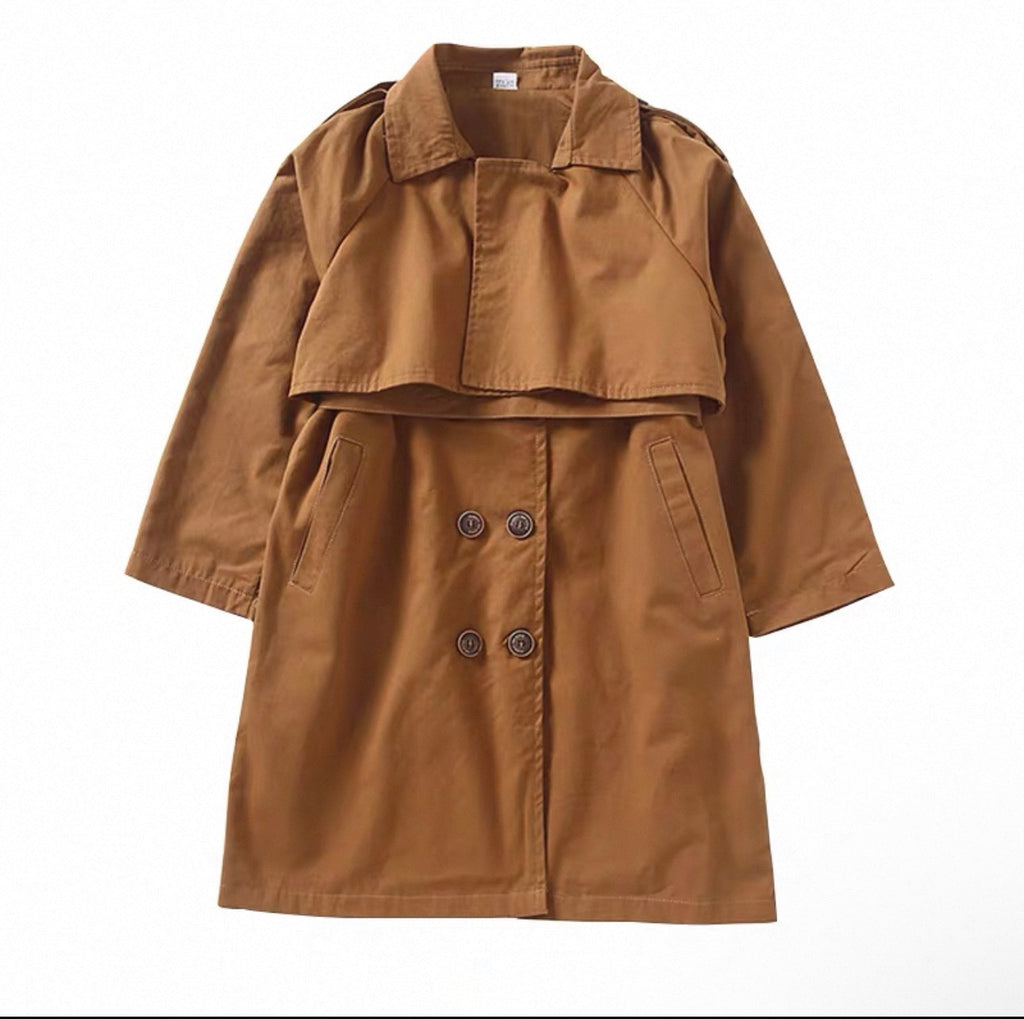 Brown trench coat with a vest on a white background