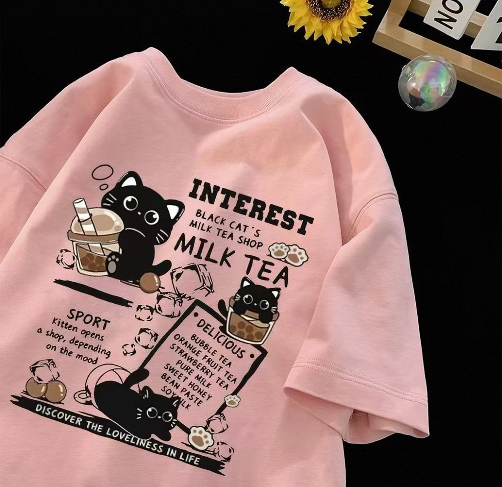 Women's Milk Tea Graphic Tee with Cute Black Cats | Canada