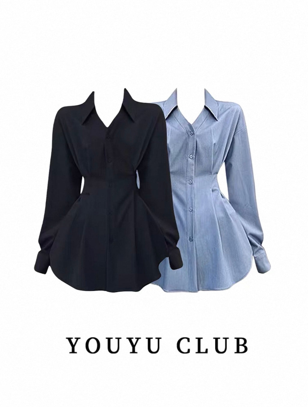 Black and blue shirts on mannequins with 'YOUYU CLUB' branding.