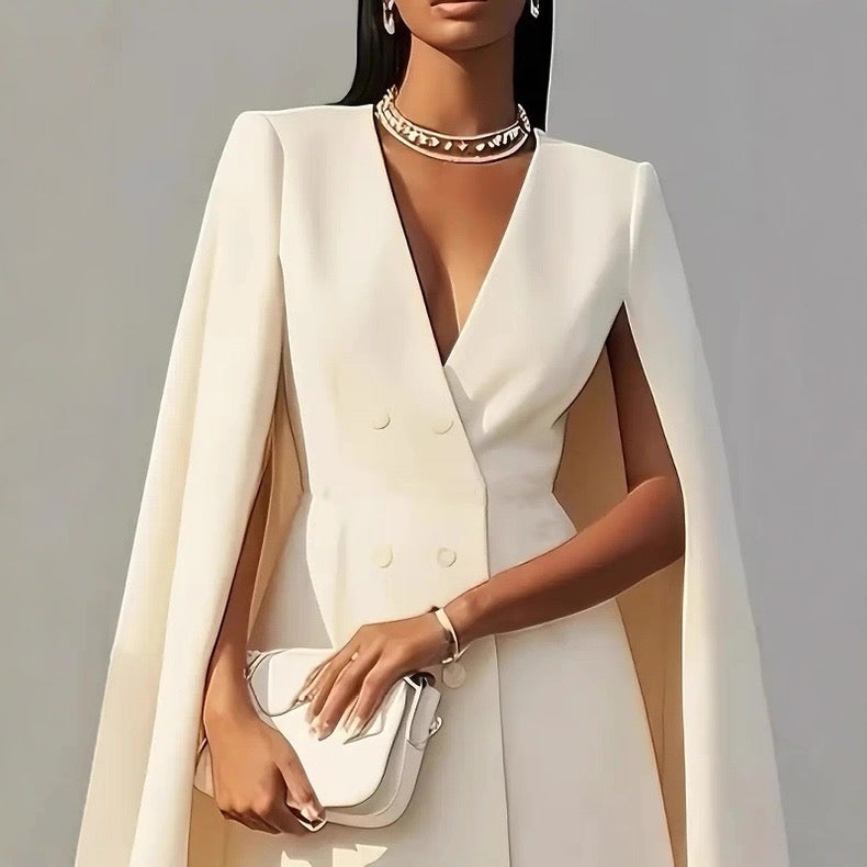 Woman wearing a white cape over a plain background