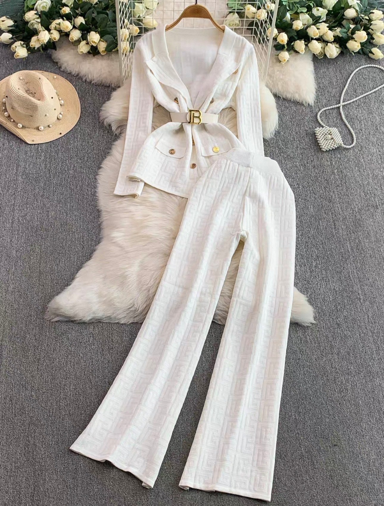 Women's Belted Knit Jacket Wide-Leg Pants Set Canada | Parcel Theory