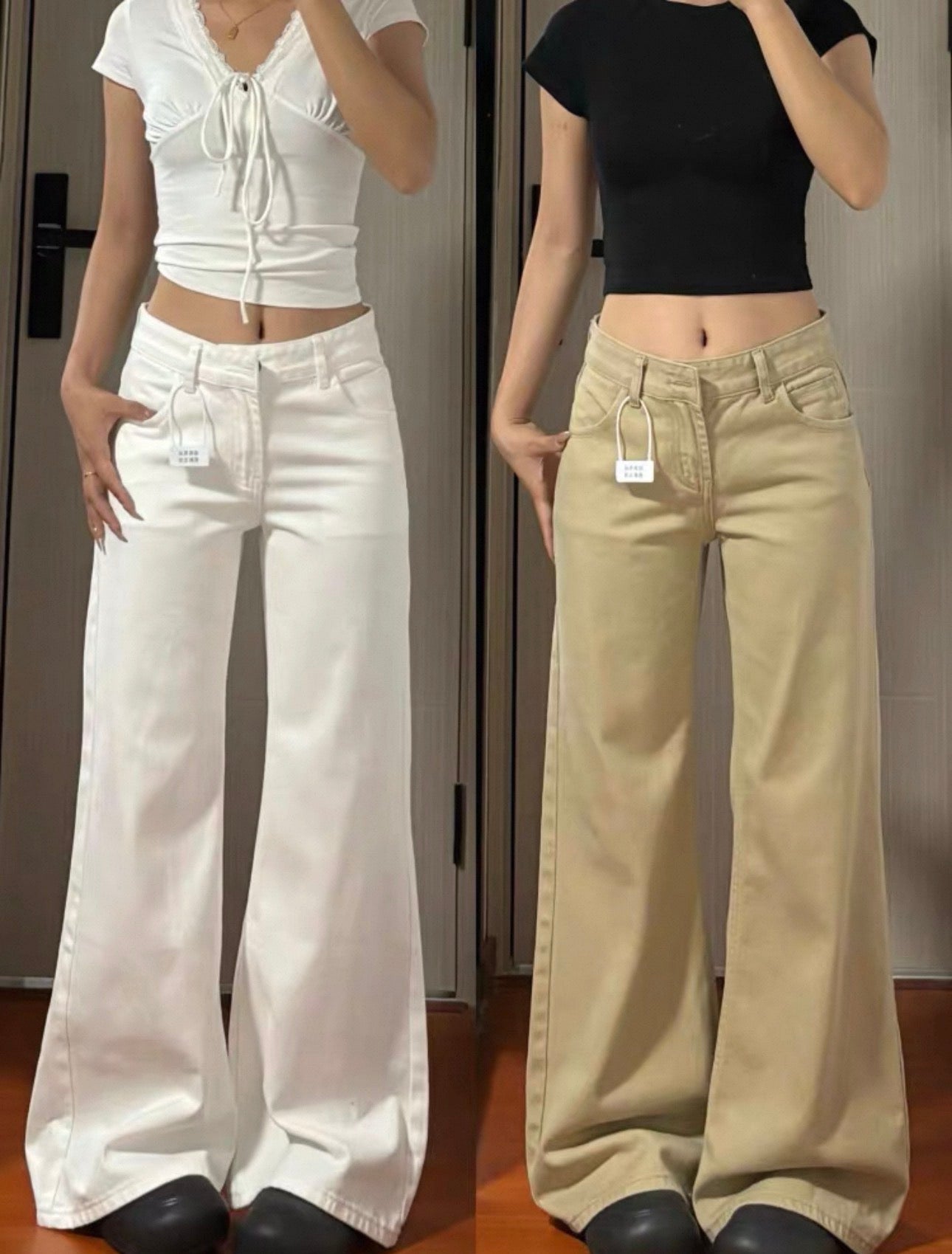 Two people wearing wide-leg pants, one white and one beige, against a neutral background.